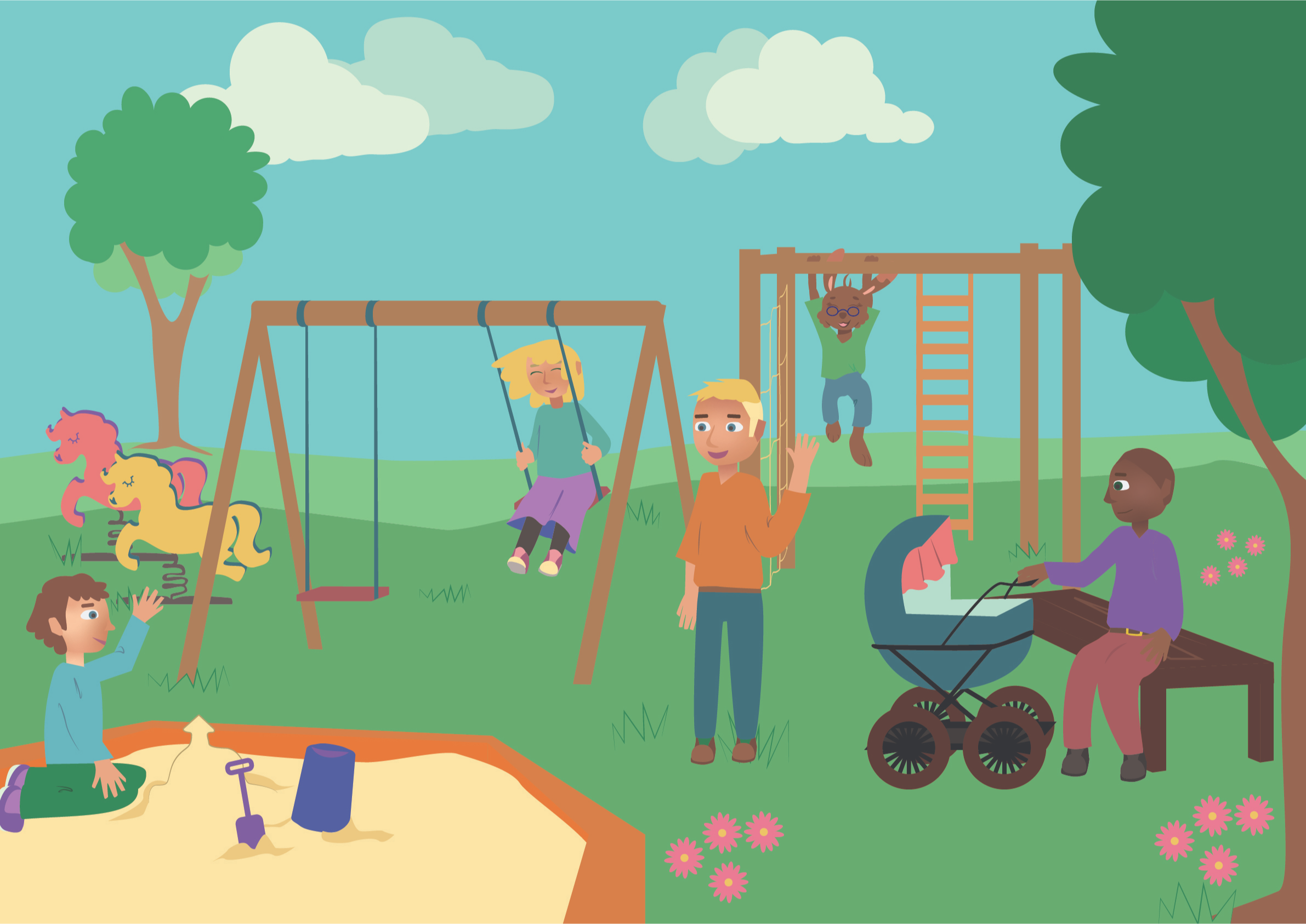 Vector illustration of a playground in summer. Bunny character is climbing the monkey bars in the background and one child is in the swings with their hair blowing in the wind. Foreground has a parent sitting on the bench with a stroller next to them and other parent waving to their kid who is building a sand  castle.