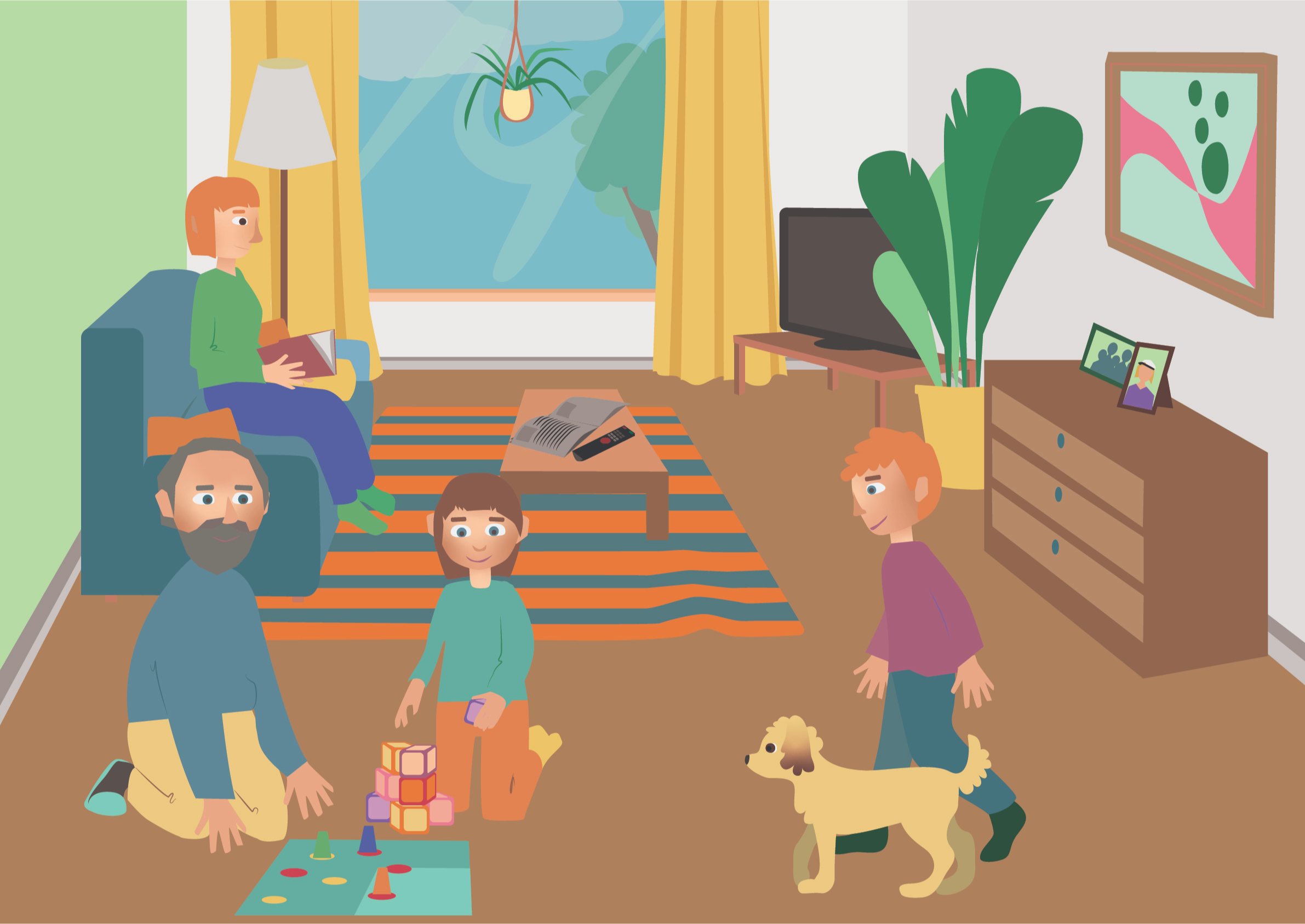 Vector illustration of a living room with a parent reading a book in the background and kids playing with grandpa in the foreground. One kid is approaching others with a small blonde dog.