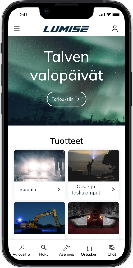 Lumise online store front. First there's advert for discounts with simple aurora in the background. Then you have product categories to choose from such as Auxiliary lights, Flash lights etc.