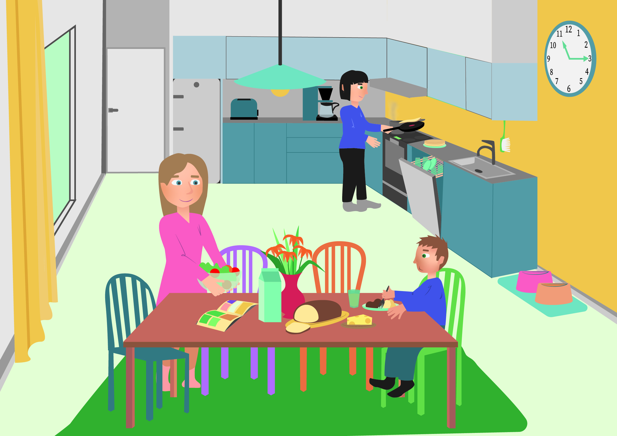 Vector illustration of a kitchen. One parent is making pancakes in the background and other parent is placing a salad bowl on the table in the foreground. Kid is sitting in the head of the table having lunch.