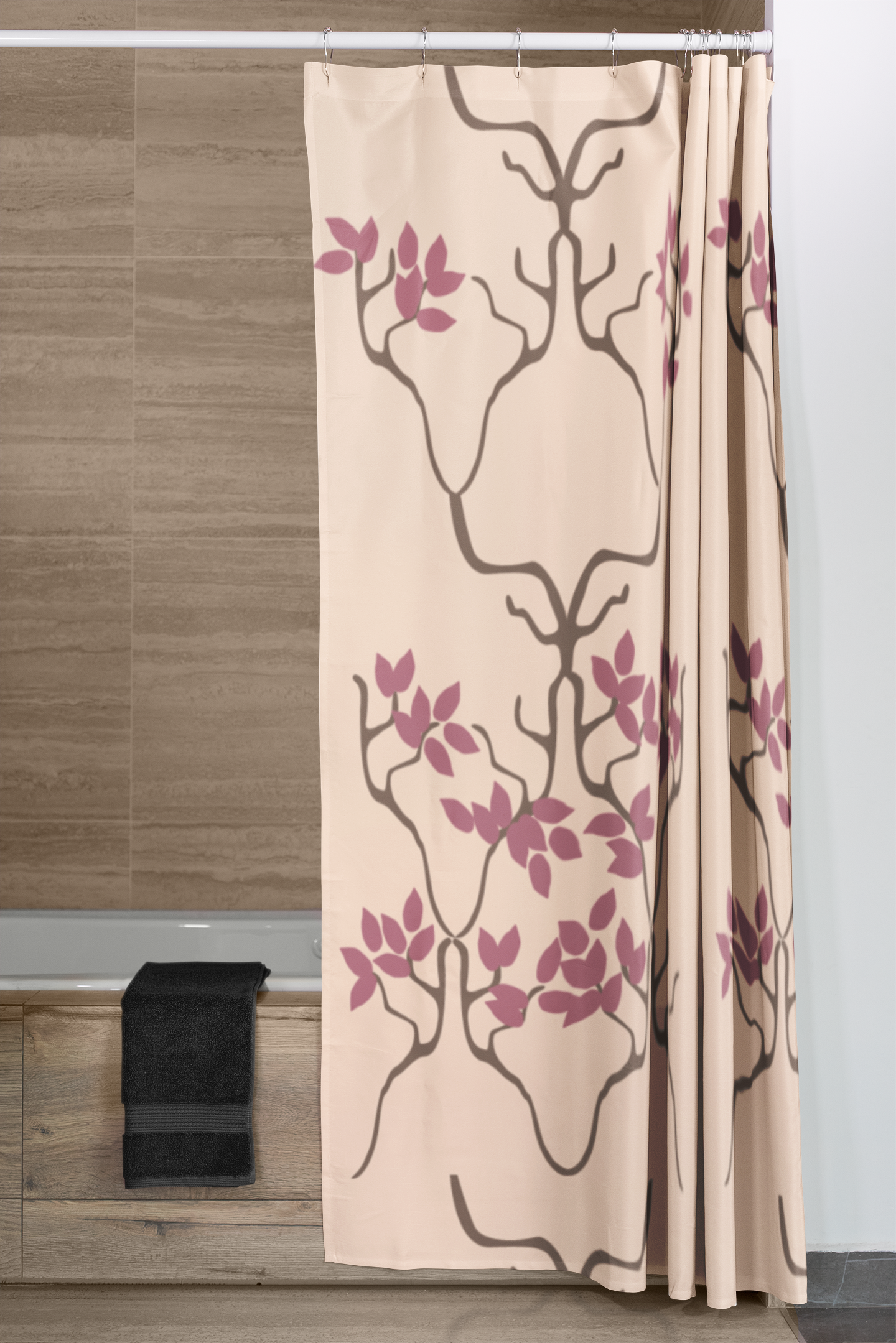 A shower with a shower curtain featuring Spring pattern with symmetrical tree branches with pink leaves on a light pink background