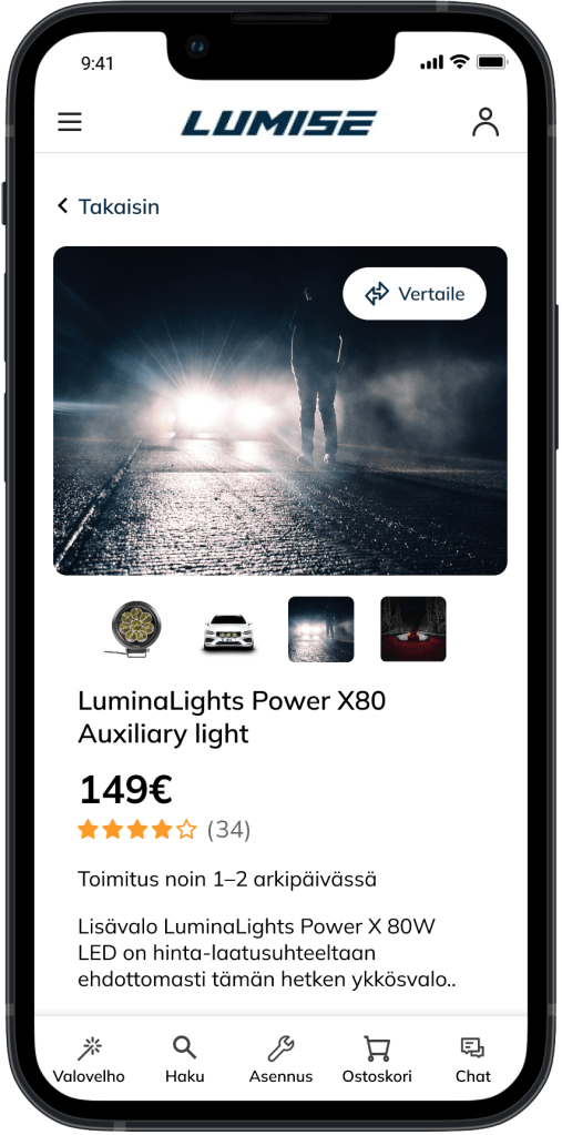 Image series of product comparing step 1. Product site, in the product image there's a compare-button with the word compare and icon of two arrows passing by. User clicks that image and goes to step two.